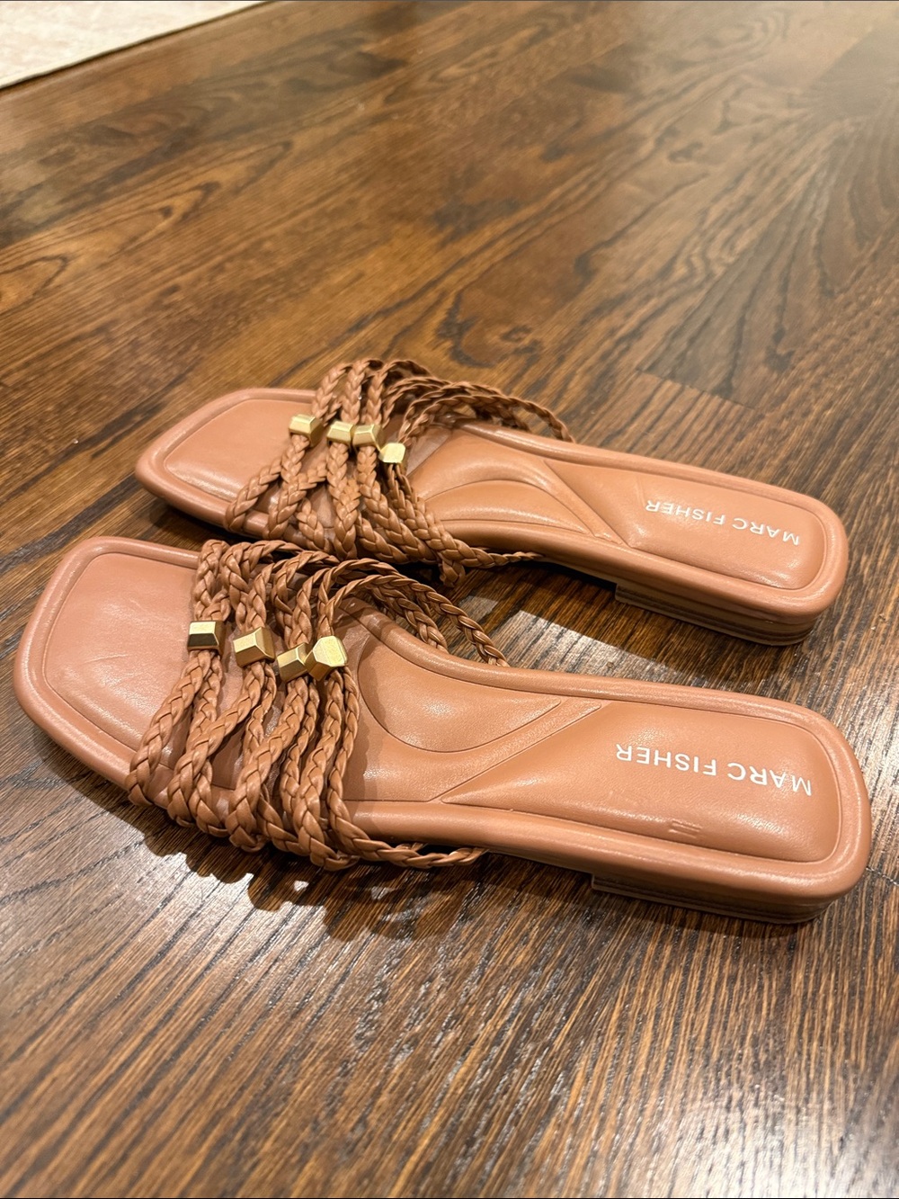 Marc Fisher Cognac Braided Slide Sandals with Gold Accents